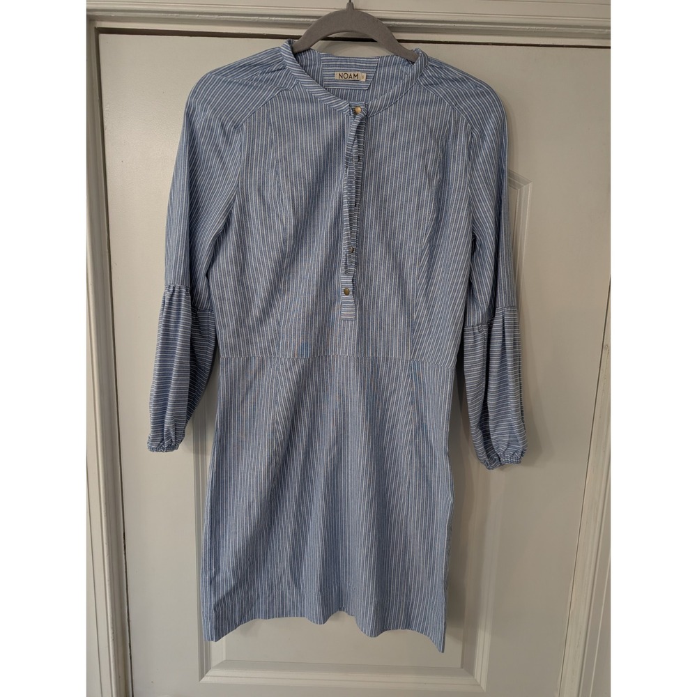 NOAM Blue White Striped Cotton Mini Dress Balloon Sleeve Band Collar small
